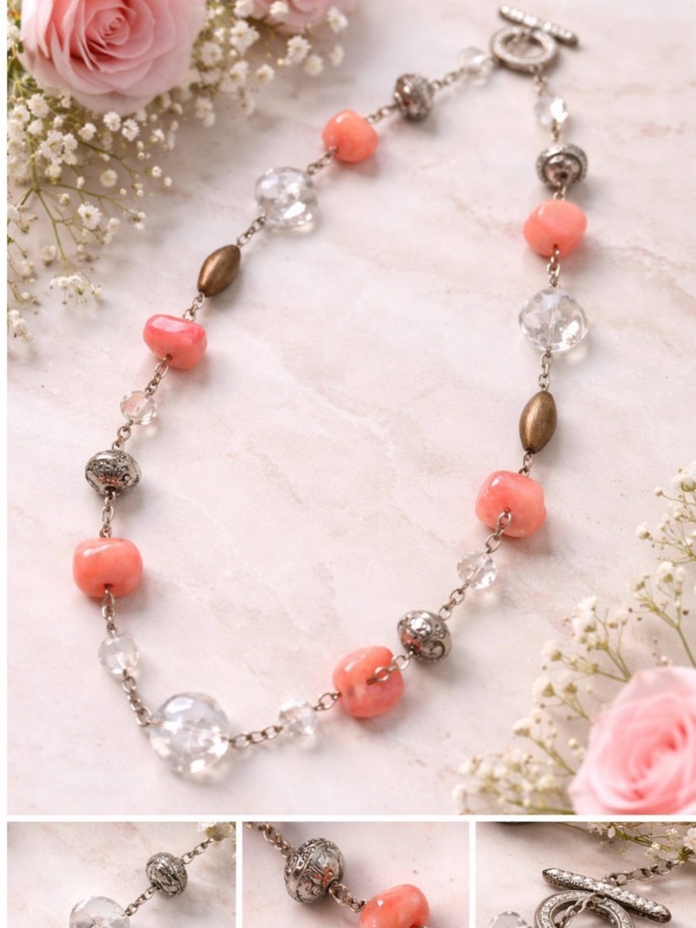 Coral Beaded Necklace with Crystal and Silver Accents